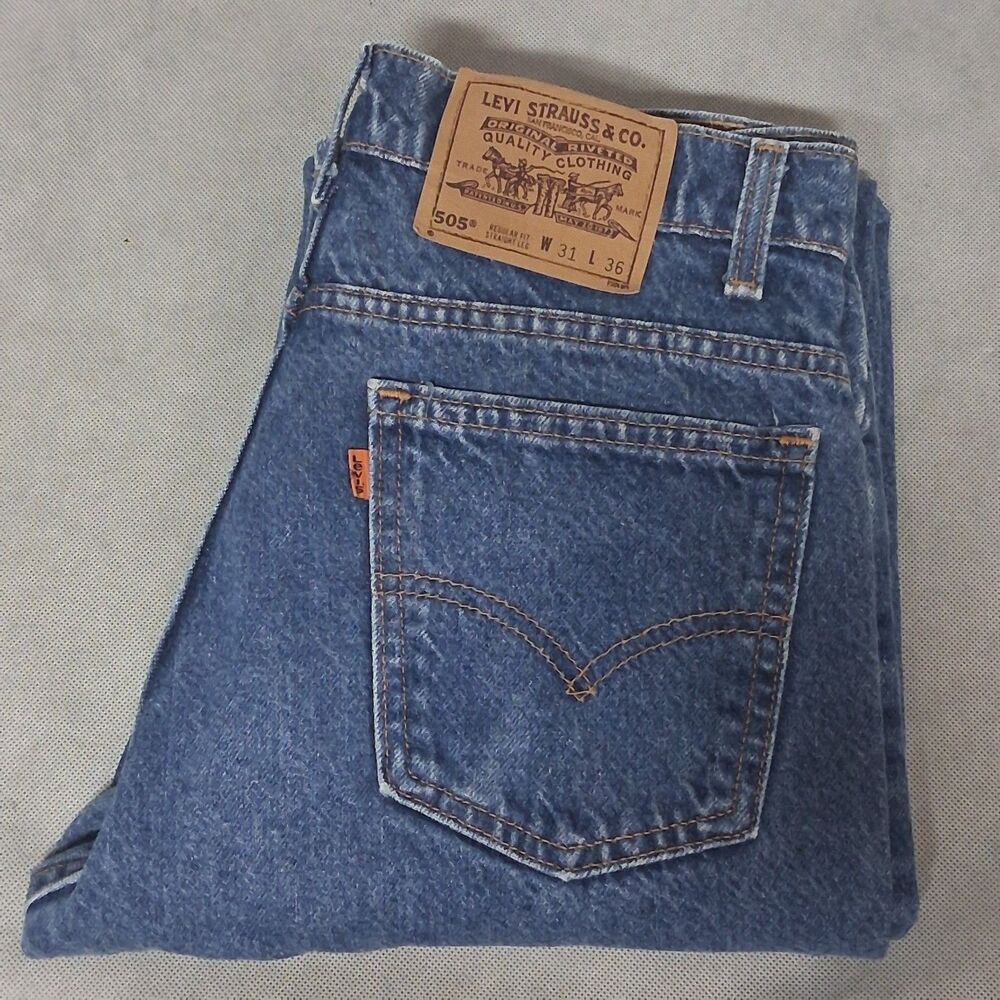 90"s Levis Orange Tab 505 Blue Jeans Men's 31x36 Straight Leg Centerville TX USA